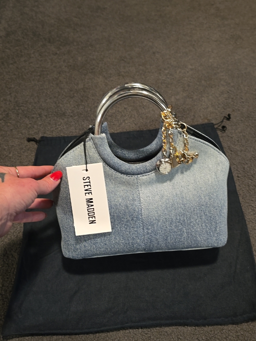 NWT Steve Madden Light Blue Denim Mini Top-Handle Bag with Gold Charm